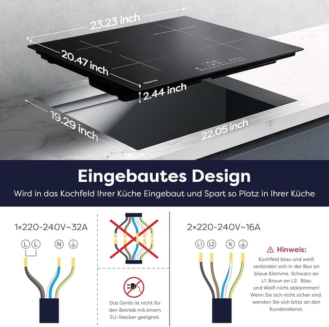 Detalle 2 de CIARRA CBBIH4B Induktionskochfeld 60 cm, 4 Zonen mit Power Booster & Touch-Bedienung