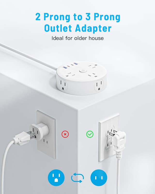 Detalle de Yozisital 10FT 2-Prong Power Strip with 2-Prong to 3-Prong Adapter, 6 AC Outlets + 4 USB (2 USB-C), Rotating Plug & Surge Protection