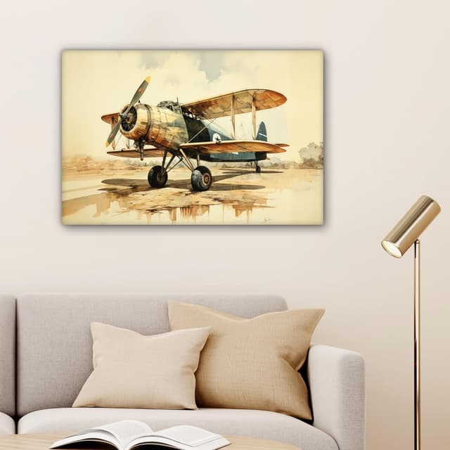 Detalle de MuchoWow Impression sur toile 90 x 60 cm (Avion, Beige) – tableau mural sur cadre en bois