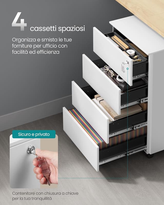 Detalle 2 de SONGMICS Cassettiera da Ufficio per Scrivania Studio con 4 cassetti, ruote e chiusura OFC064W14 (45 x 39 x 69 cm) bianco opaco