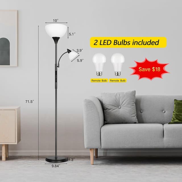 Detalle de OUTON Dimmable LED Floor Lamp with Touch Control, Remote & App (Uplighter + Reading Goose Neck) and 1-Hour Timer