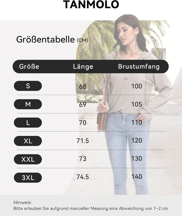 Detalle 2 de Tanmolo Damen Hoodie Pullover mit V-Ausschnitt