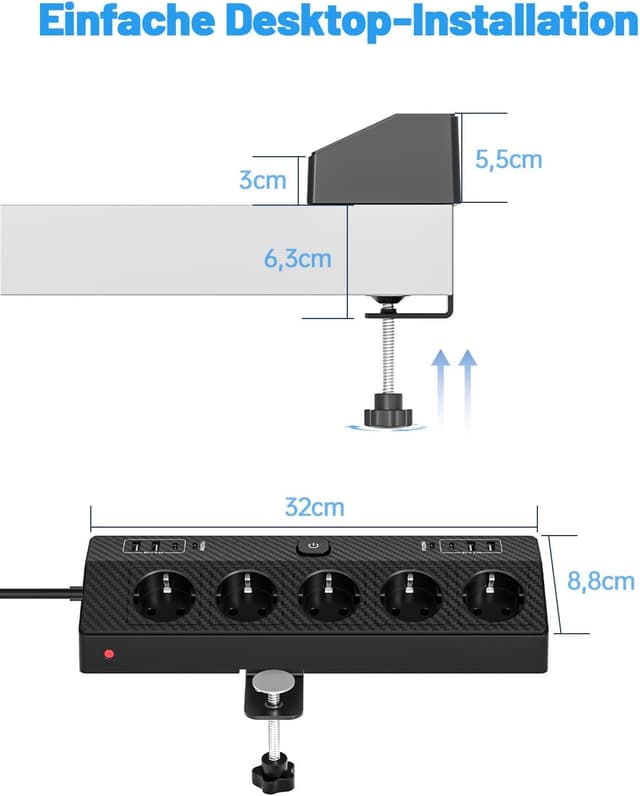 Thumbnail 6 de PASSUS Tischsteckdose Steckdosenleiste mit Überspannungsschutz (4000 W / 16 A), 4 USB‑C & USB‑A, 2 m Kabel, schwarz