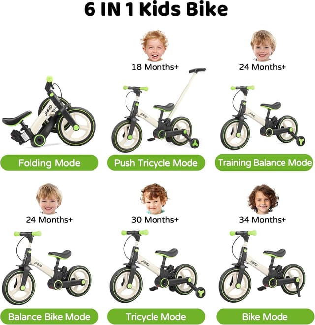 Detalle 2 de JMMD 6-in-1 Toddler Bike with Training Wheels and Pedals (12 inch, foldable) for ages 18 months–5 years