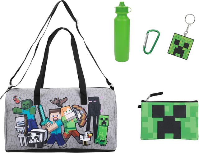Detalle de Minecraft Monster Battle 5-Piece Duffel Bag Set by Bioworld – officially licensed travel kit for kids and teens