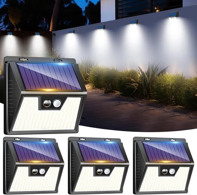 Detalle de LOTMOS 4er-Set Solar-Außenleuchten mit Bewegungsmelder (IP65) und 3 Modi – 176 LED, kaltweiß