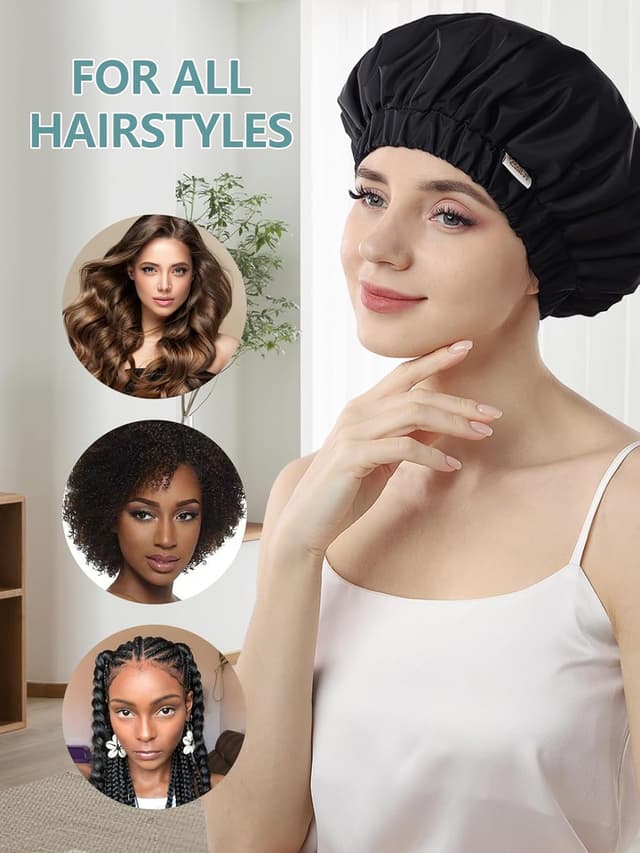 Detalle de Years Calm wiederverwendbare wasserdichte Duschhaube für Frauen (schwarz) – 2-lagig & reisefreundlich