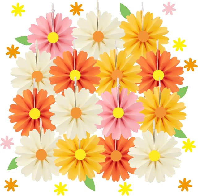 Detalle de SUNBEAUTY 48er Set Papierfächer Deko (Ø 15 cm) mit Stickern – orange & gelb für Party, Garten, Hochzeit & Kinder