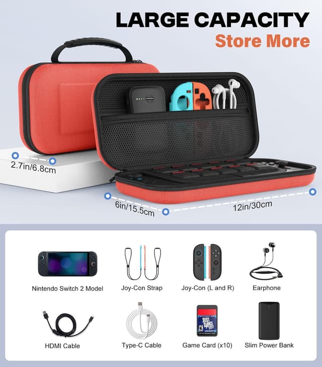 Detalle de MoKo Tasche für Nintendo Switch 2 – Schutz-Hülle mit Platz für 10 Spiele (2025), harte EVA-Schale, orange