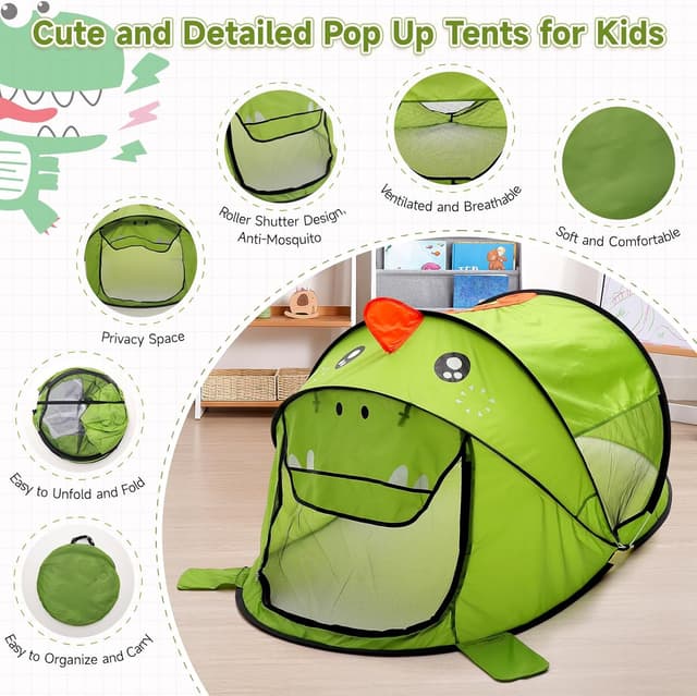 Detalle 2 de BTGGG kids pop up tent (green dinosaur) for indoor & outdoor play, foldable portable toddler playhouse