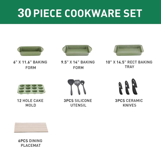 Detalle de Kitchen Academy Topfset 30-teiliges Induktions-Kochgeschirr mit Glasdeckeln und Granitbeschichtung (Grün), inkl. Pfannen & Töpfe