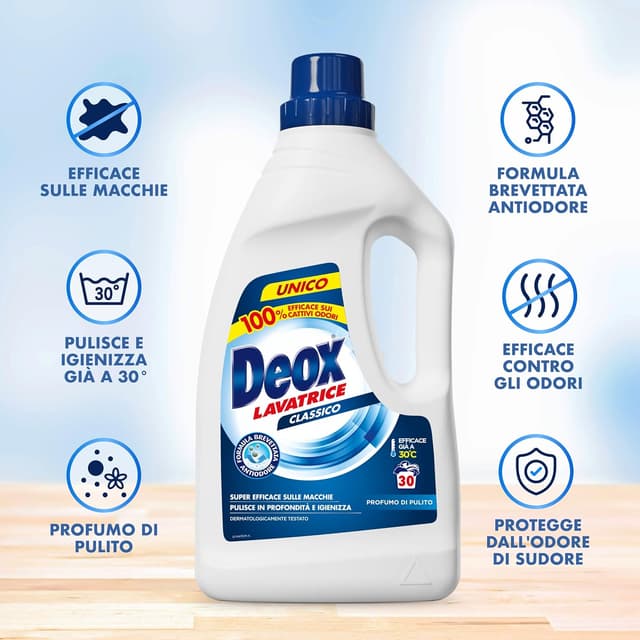 Detalle de Deox Classico Detersivo Lavatrice Liquido Antiodore, 144 lavaggi (1200 ml x 6 confezioni)