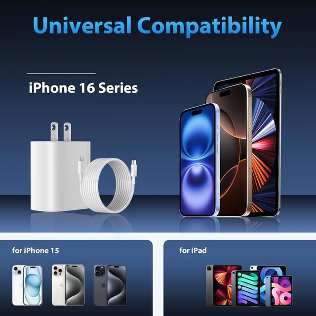 Detalle de 3-Pack 20W USB-C iPhone Fast Charger Block + 10ft USB-C to USB-C Cable (iPhone 16/15 Series)