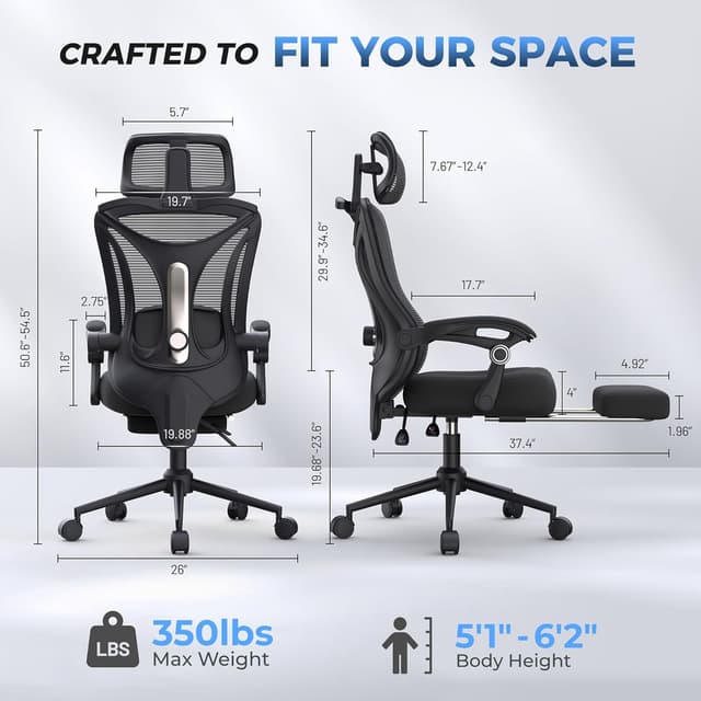 Detalle 2 de Ergonomic Office Chair with Footrest 350lbs capacity đź’ş