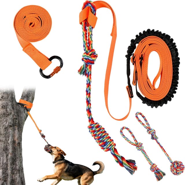 Detalle de Tivray Outdoor Bungee Tug Toy with 3 Dog Chew Ropes (Tree Hanging Bungee Tugger) – Orange/Black