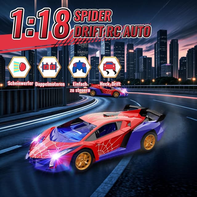 Detalle de Ferngesteuertes Drift-Auto im 1:18 Look mit LED-Augen & Spinnennetz-Design (RC, Rückwärtsfunktion) – Geschenk ab ca. 3 Jahren