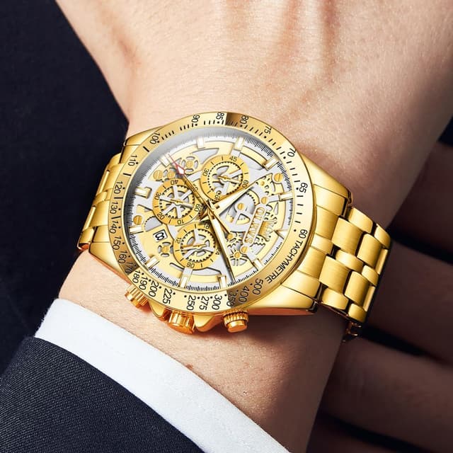 Detalle de OLEVS Herren Skeleton Quarz Business-Uhr mit Edelstahlband, 3ATM wasserdicht – skeleton Look