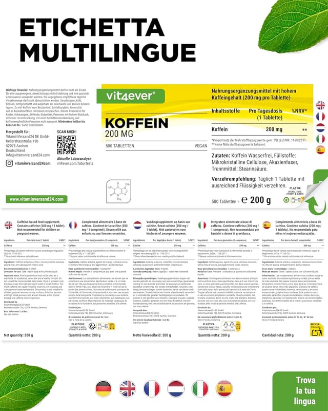 Thumbnail 6 de Compresse di caffeina da 200 mg ciascuna – 500 compresse, 200 mg caffeina anidra (vegane) vit4ever