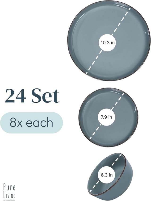 Detalle de PURE LIVING INTERIOR DESIGN Rustic stoneware dinnerware set for 8 people (24 pcs) in smoky blue
