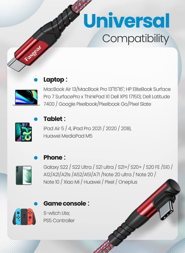 Detalle de Fasgear USB-C to USB-C 90° Right Angle Charging Cable (1.8m, 60W PD)