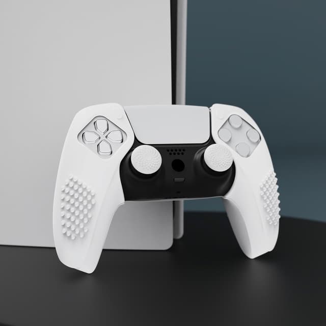 Detalle de PlayVital 3D Studded Edition White ergonomic silicone grips case for PS5 controller