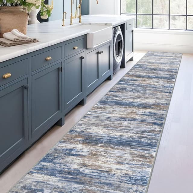 Thumbnail 6 de KOZYFLY Modern Abstract Washable Rug Runner, 2.6x16 Non-Slip Hallway Runner in Blue Rust Stripes