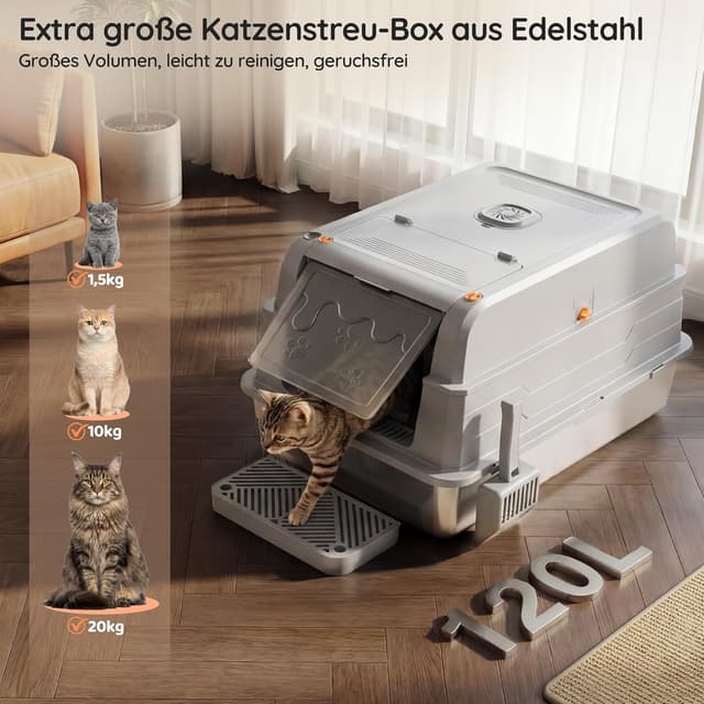 Detalle 2 de Devoko XXXL Katzenklo aus Edelstahl mit Deckel (geschlossen, 3-in-1) für große Katzen bis 20 kg