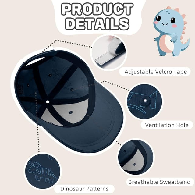 Detalle 2 de TOMEEK Kids cotton sun hat baseball cap with adjustable strap and dino print