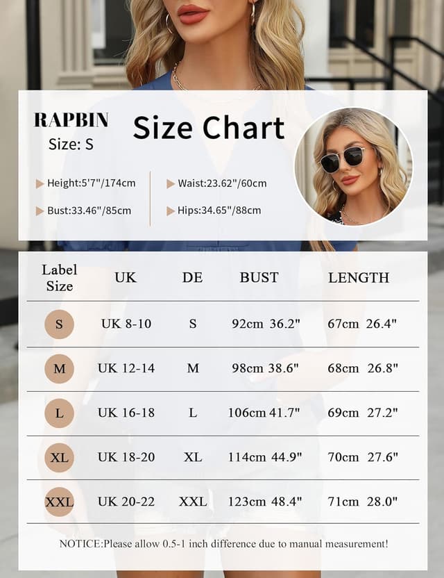 Detalle de Rapbin Damen Bluse mit V-Ausschnitt und Knopfleiste – T-Shirt Tunika mit Kurzarm für Sommer