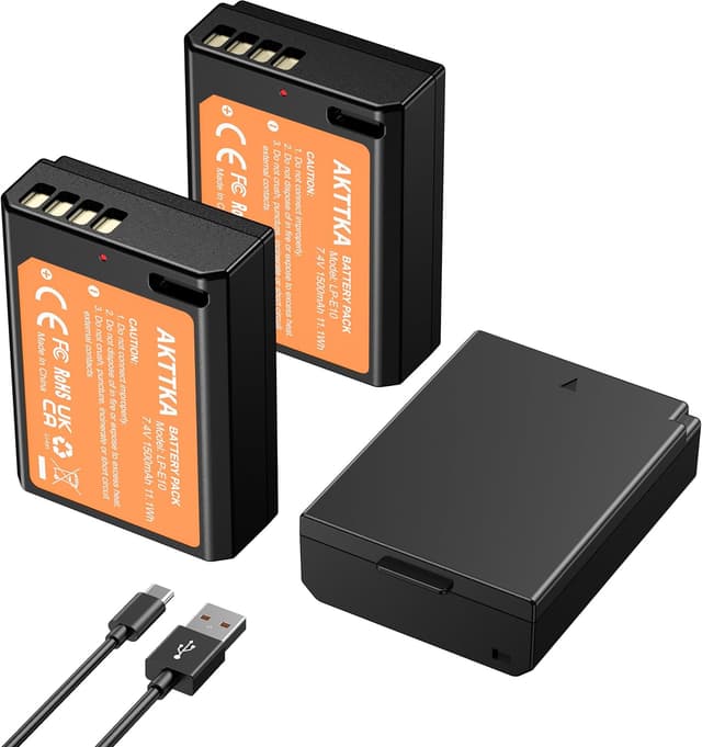 Detalle de Lot de 3 batteries AKTTKA LP-E10 1500 mAh avec charge directe USB-C (câble 2-en-1) pour Canon LP-E10