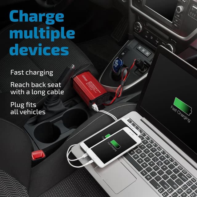 Detalle 2 de Odoga 300W Car Power Inverter (12V to 240V) with USB-A & USB-C 3A Charging Ports