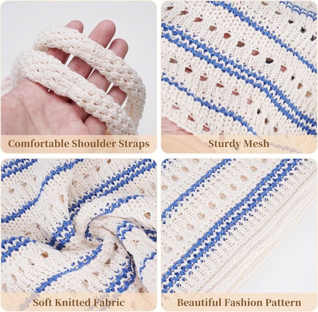 Detalle de Etercycle Crochet Tote Bag (Blue Stripe) – mesh beach bag for women