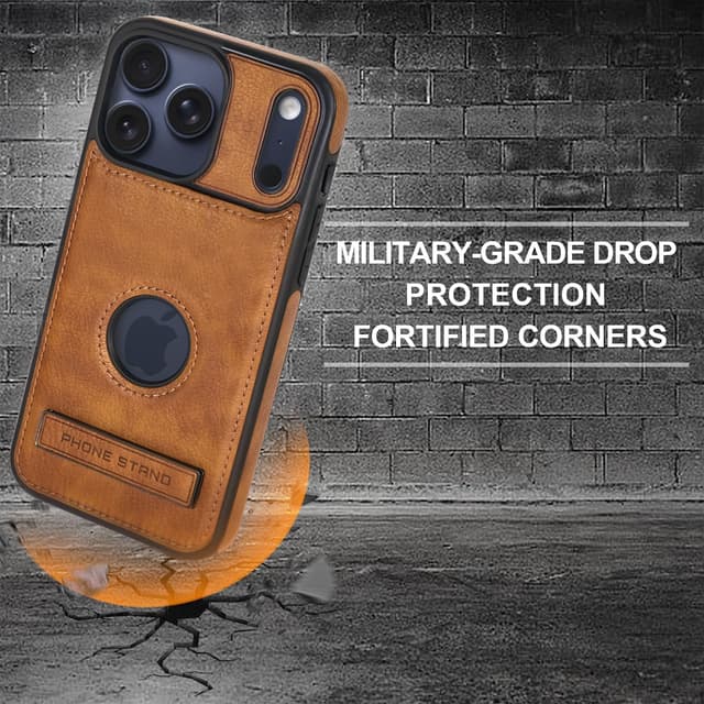 Detalle de KSELF Leather Case for iPhone 17 Pro Max (6.9") with Built-in Invisible Kickstand, Slim Protective PU Leather Case — Brown