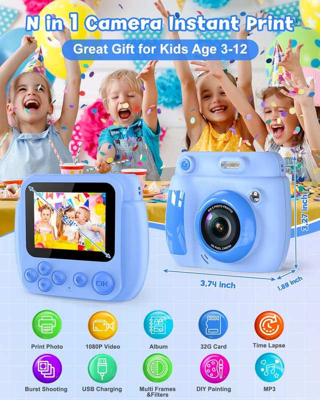 Detalle 2 de Gofunly Kids Camera 1080P, 32GB instant printer