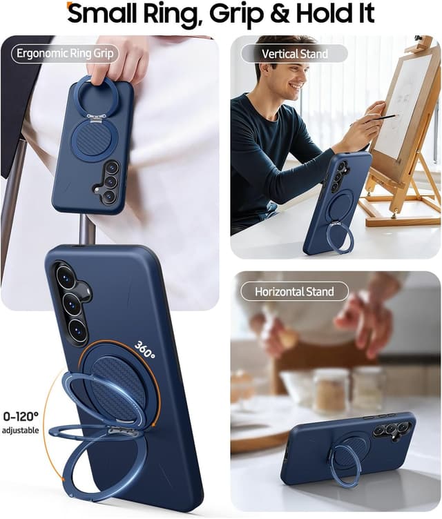 Detalle de AOUIA Galaxy S26 Plus case with 2-pack screen protectors and 360° rotating kickstand (Blue)