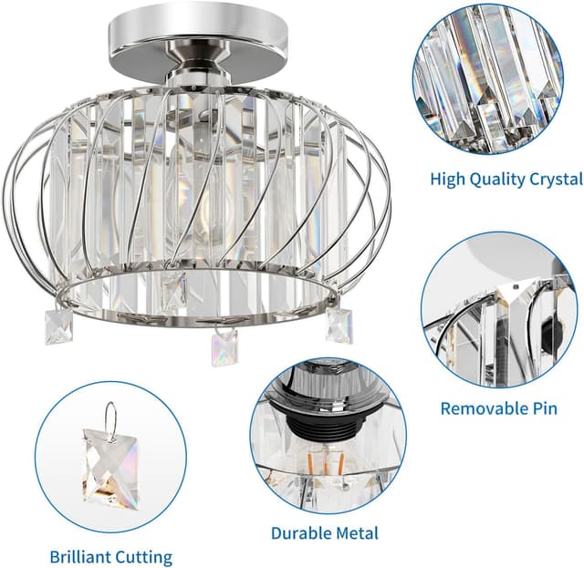 Detalle de ANWIO Lustre en cristal moderne argenté E27 pour cuisine et salon Ø280 mm