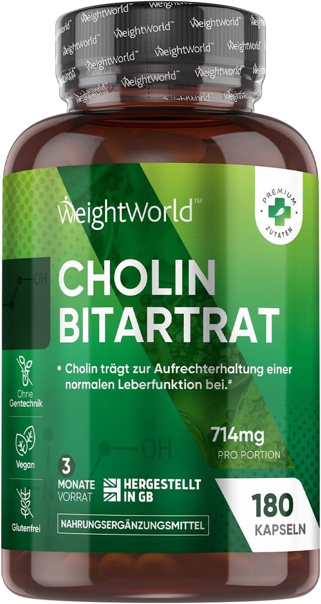 Detalle de WeightWorld Cholin Bitartrat Kapseln – 714 mg pro Portion, 180 Kapseln (für 3 Monate)