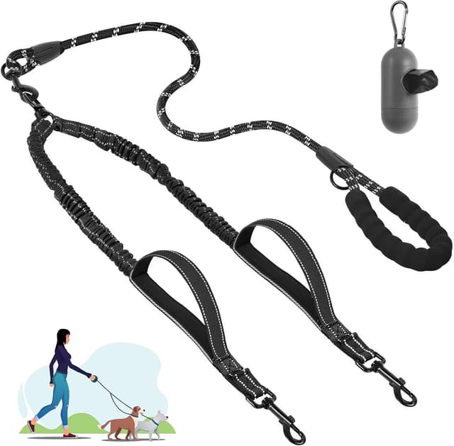 Detalle de Double Dog Lead with Safety Handle – 360° Tangle-Free Double Leash for Medium & Large Dogs (Black)