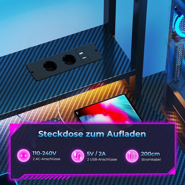 Detalle 2 de Coleshome Gaming Tisch mit Regal und Schubladen (137×48 cm) – LED-Beleuchtung & Steckdose, Carbon Fiber Schwarz