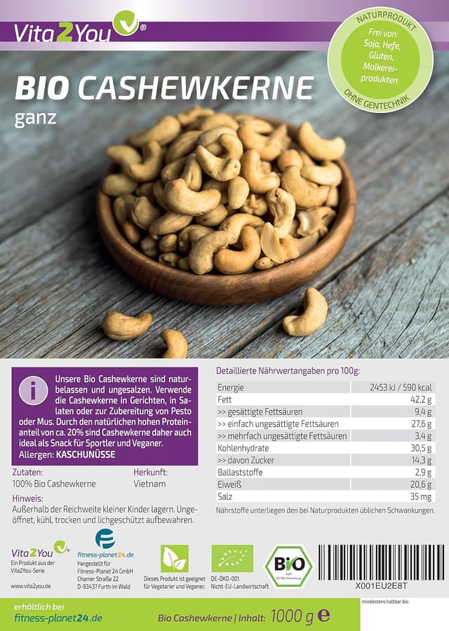 Detalle 2 de Vita2You Bio Cashewkerne naturbelassen – ganze Cashewnüsse (1.000 g)