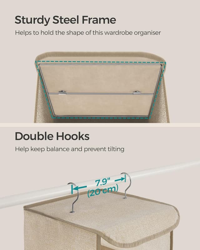 Detalle de SONGMICS RCH005Y01 hanging wardrobe storage shelves with metal hooks and bamboo inserts