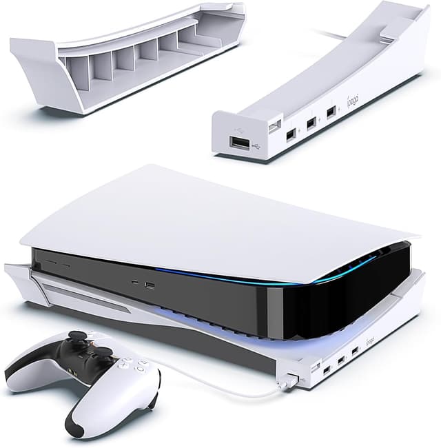 Detalle de FYOUNG Horizontale Halterung für PS5 Disc & Digital (rutschfeste Pads, 4 USB-Ports)