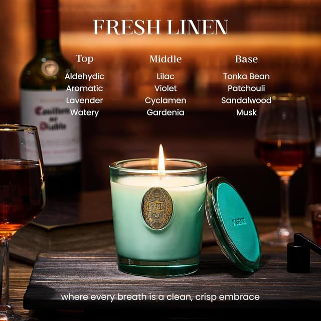Detalle de M&SENSE Fresh Linen Scented Candle (Natural Soy Wax, 260g) – Up to 55 Hours