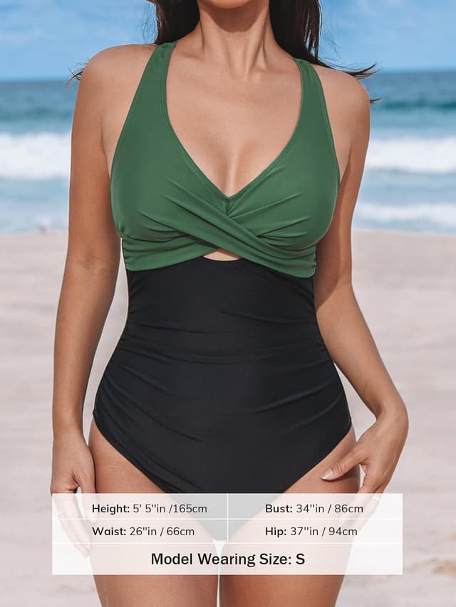 Detalle de CUPSHE Damen-Badeanzug mit Wickeloptik und V-Ausschnitt – einteilig mit Bauchkontrolle & Raffungen