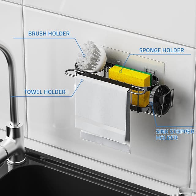 Detalle de Cisily Kitchen Sink Caddy Sponge Holder in the Sink (Stainless Steel) — Suction & Adhesive Mounting Organizer