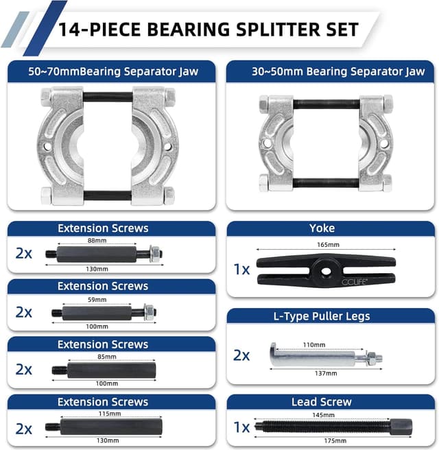 Thumbnail 1 de CCLIFE Kit di estrattori per cuscinetti 14 pezzi con separatori 30-70 mm