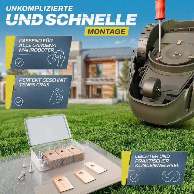 Detalle 2 de Langlebige Mähroboter Messer (Ersatzklingen) inkl. Schrauben – kompatibel mit Husqvarna Automower, Gardena, Yard Force