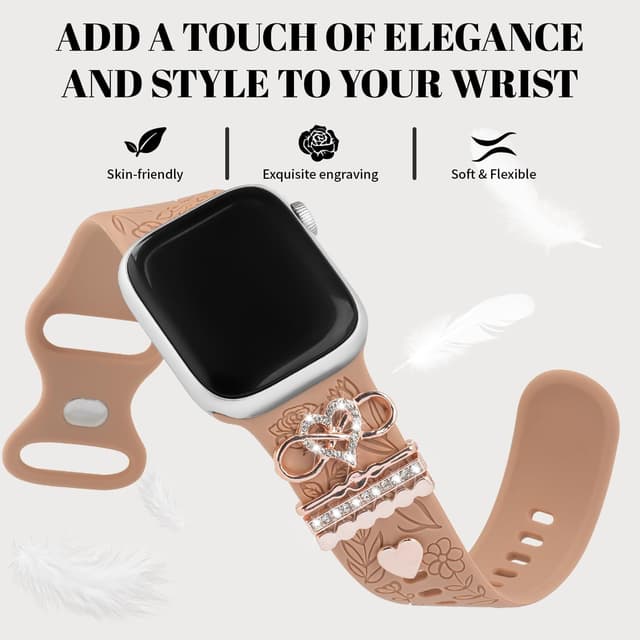 Detalle de JJii Sung Designer Flower Engraved Strap with Charming Decoration for Apple Watch (Women 38mm–46mm)