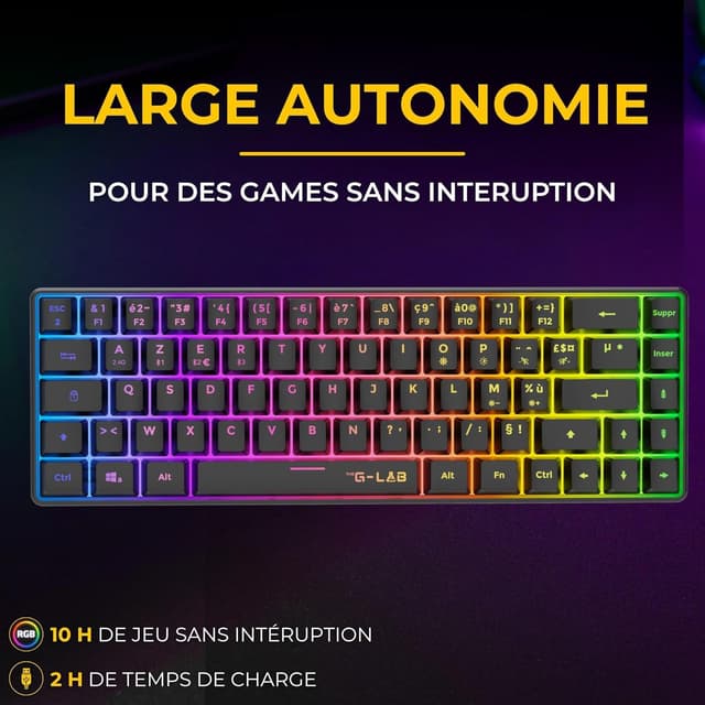 Detalle de The G-Lab Combo Hydrogen WL: kabellose 60%-AZERTY-Gaming-Tastatur & Gaming-Maus (7200 DPI) Dual-Modus