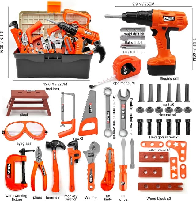 Detalle de HYRENEE Kids Tool Set (48-Piece) with Electronic Toy Drill & Toolbox